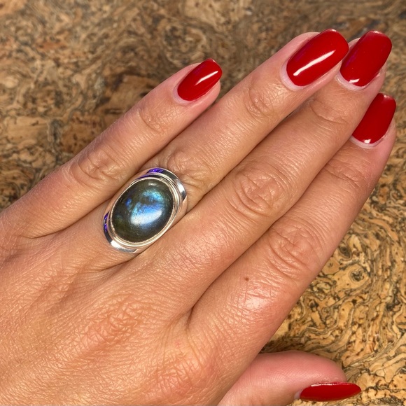.925 Sterling Silver Blue Green Labradorite Ring Size 7 - Picture 7 of 12